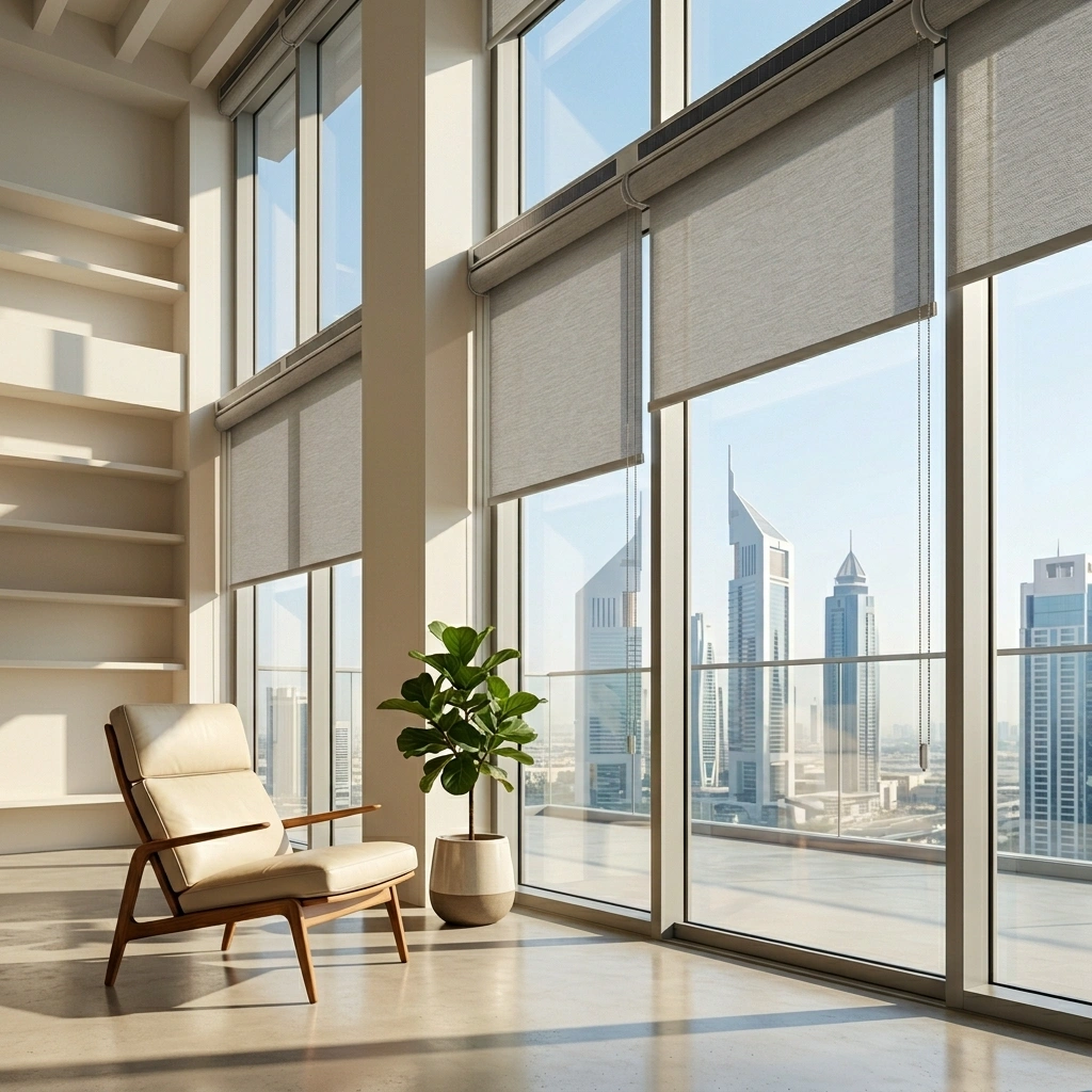 Bright sunlit room featuring solar powered curtain automation motorized curtains dubai and UAE systems