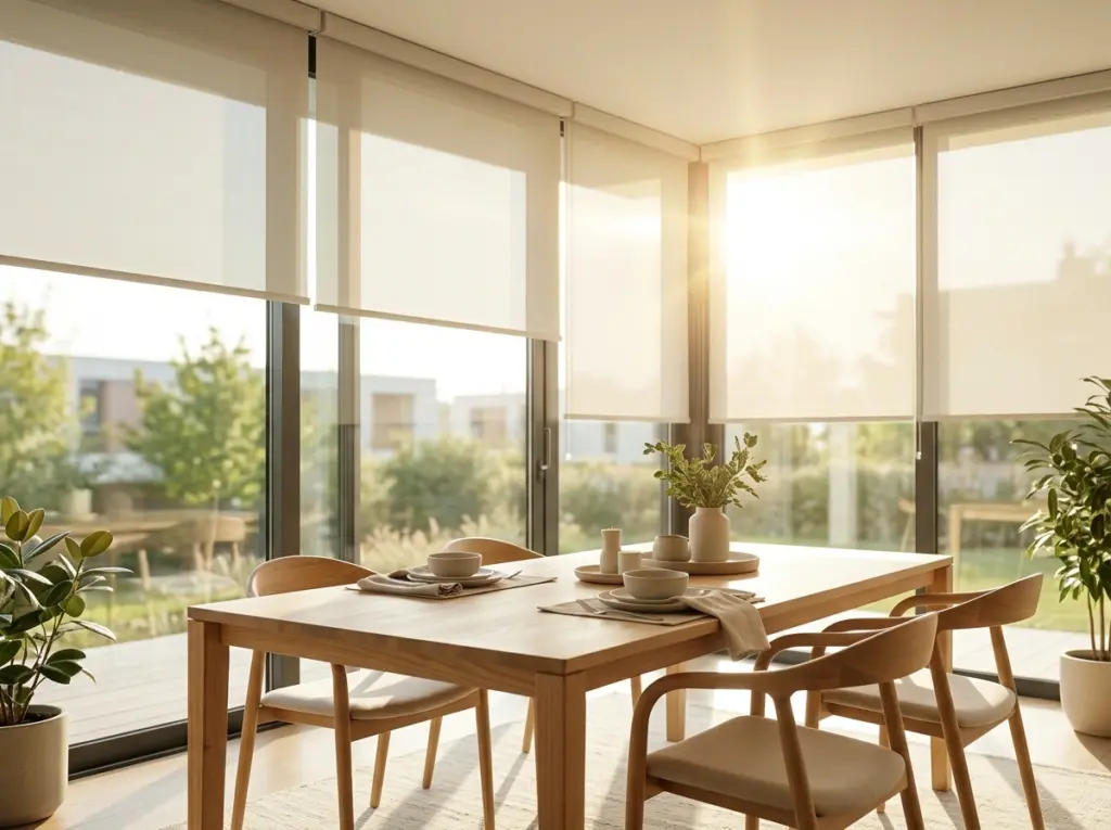 Sunlit dining area featuring eco-friendly solar powered motorized blinds
