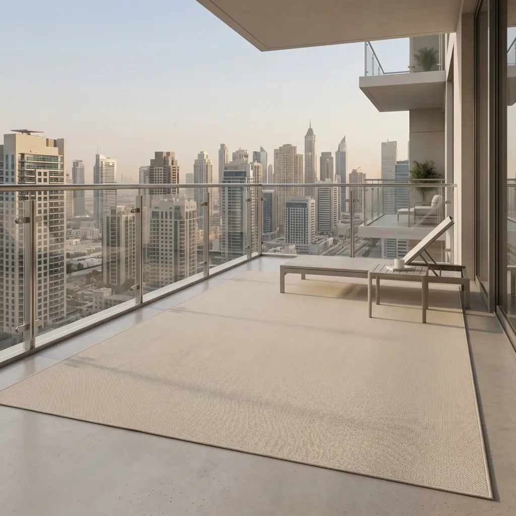 Fully weatherproof balcony outdoor rugs Dubai handling wind and dust perfectly.