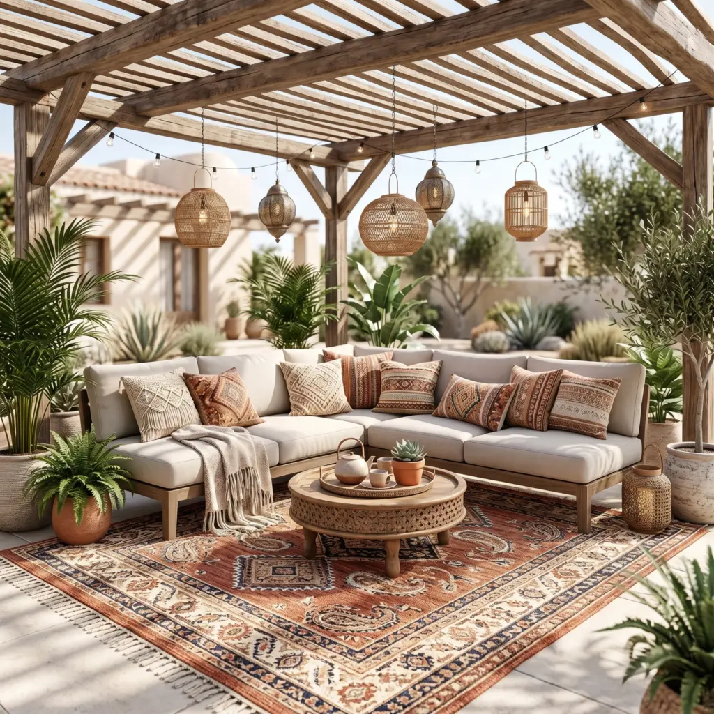 Gorgeously woven boho style outdoor rugs Dubai enduring intense heat flawlessly.