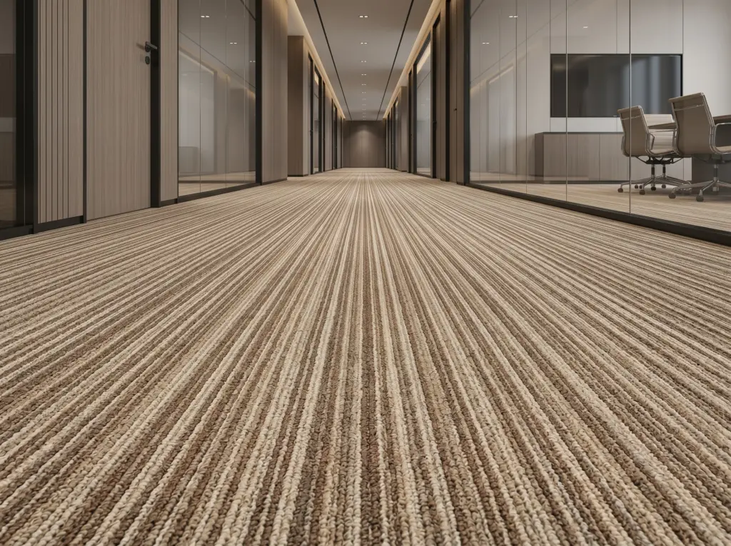 Elevated loops and linear stripes introducing depth and sophisticated character to expansive corporate floors.