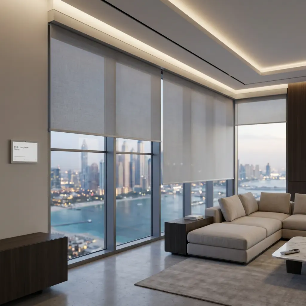 Luxurious penthouse living room with automated smart blinds