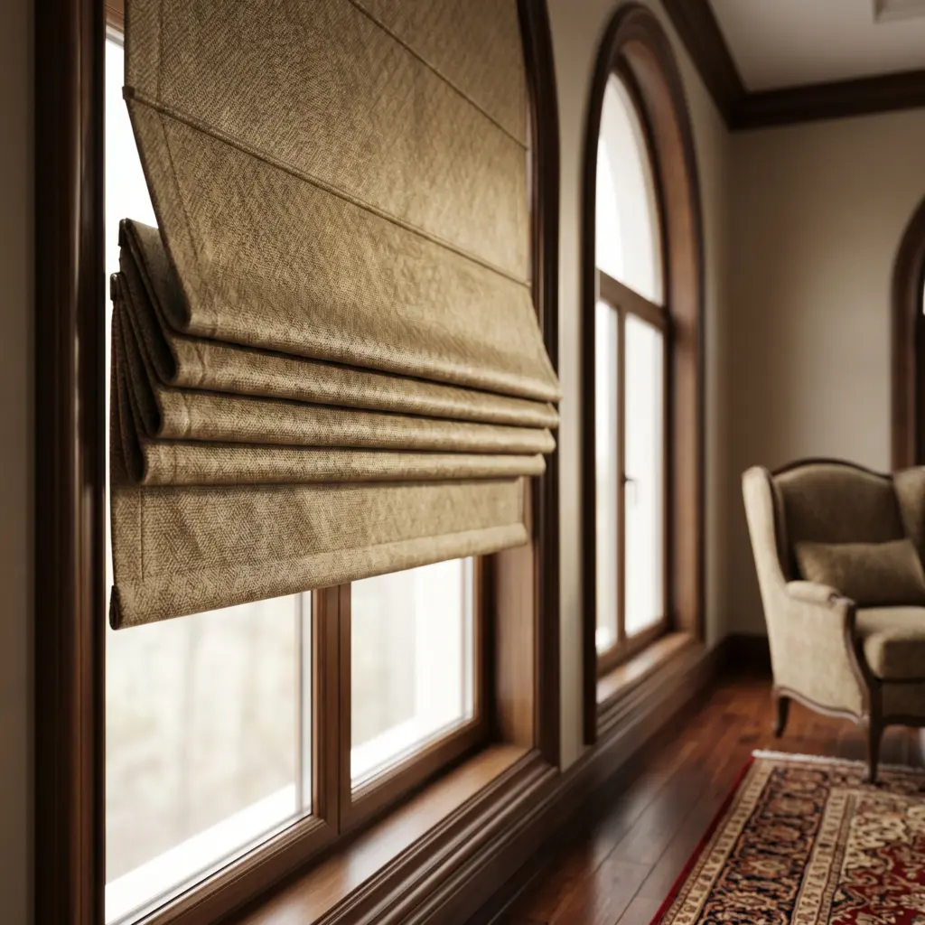 Sophisticated traditional living space with rich textured elegant roman blinds