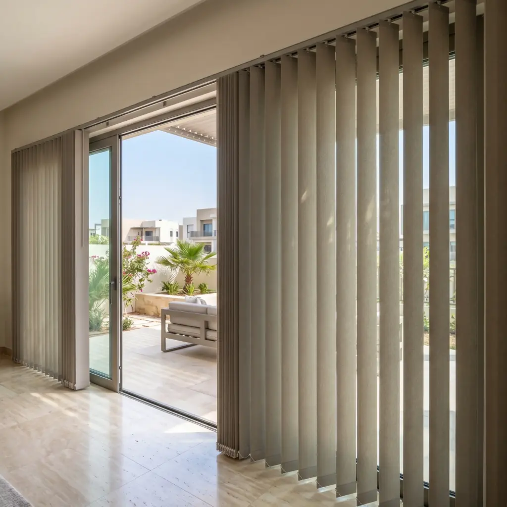 Large residential patio sliding doors fitted with robust vertical blinds