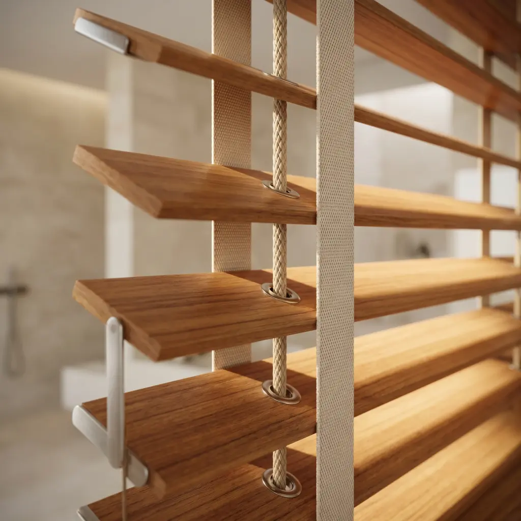 Spa like bathroom interior featuring moisture resistant natural wooden blinds