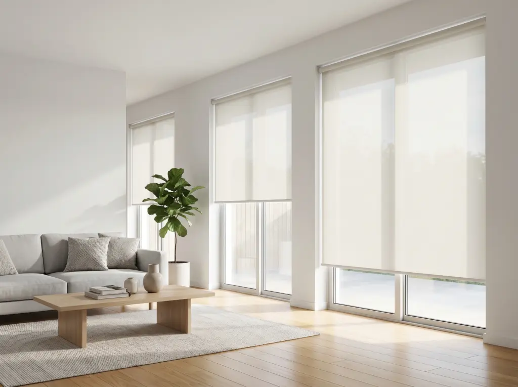 Bright minimalist living room with sleek sheer roller blinds