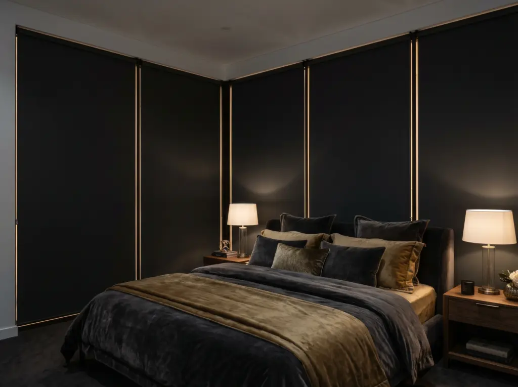 Darkened luxury bedroom featuring complete blackout blinds for optimal sleep