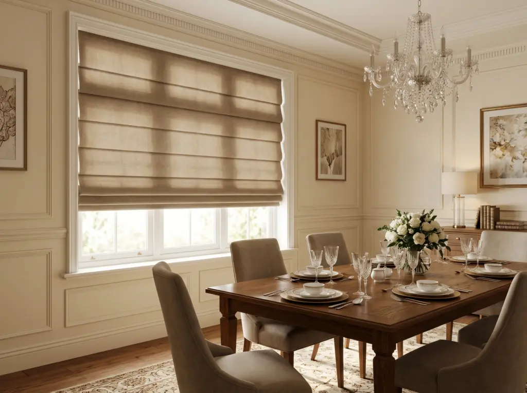 Elegant dining room with classic folded roman blinds in premium fabric