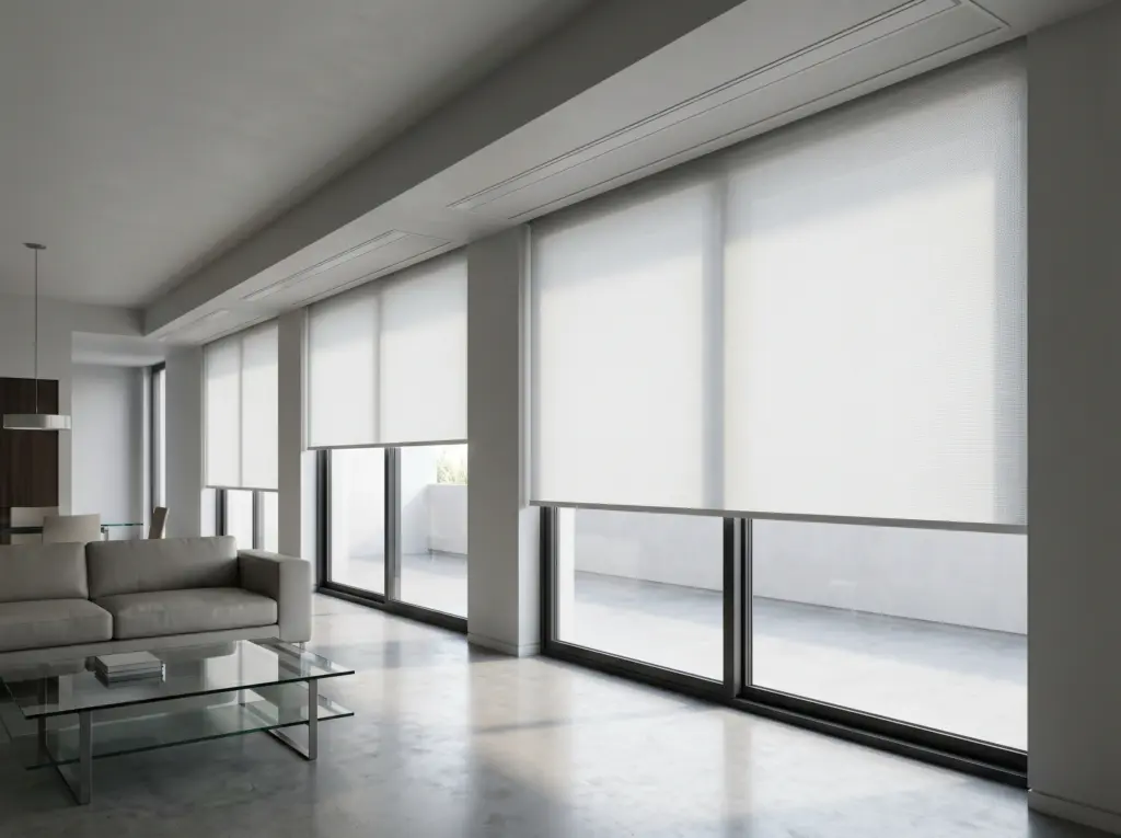 Modern smart home interior showcasing automated motorized window shades