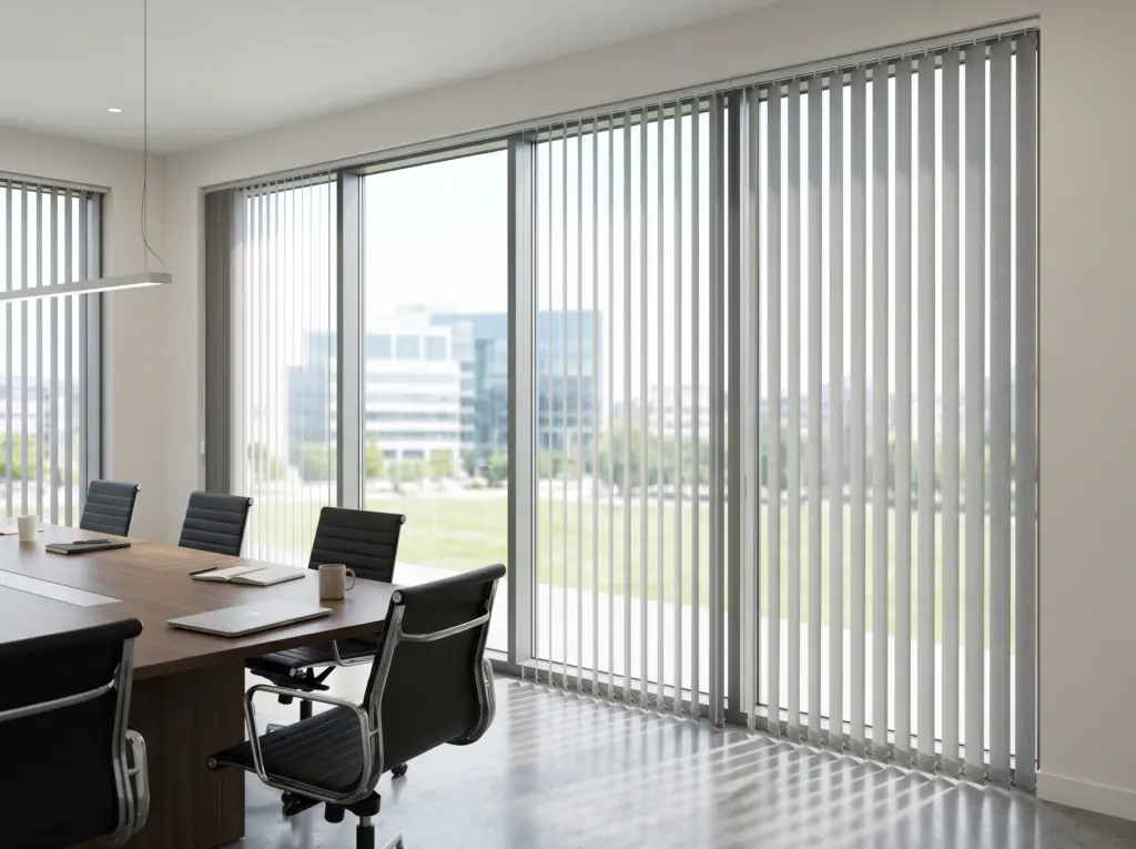 Expansive floor to ceiling glass doors fitted with functional vertical blinds