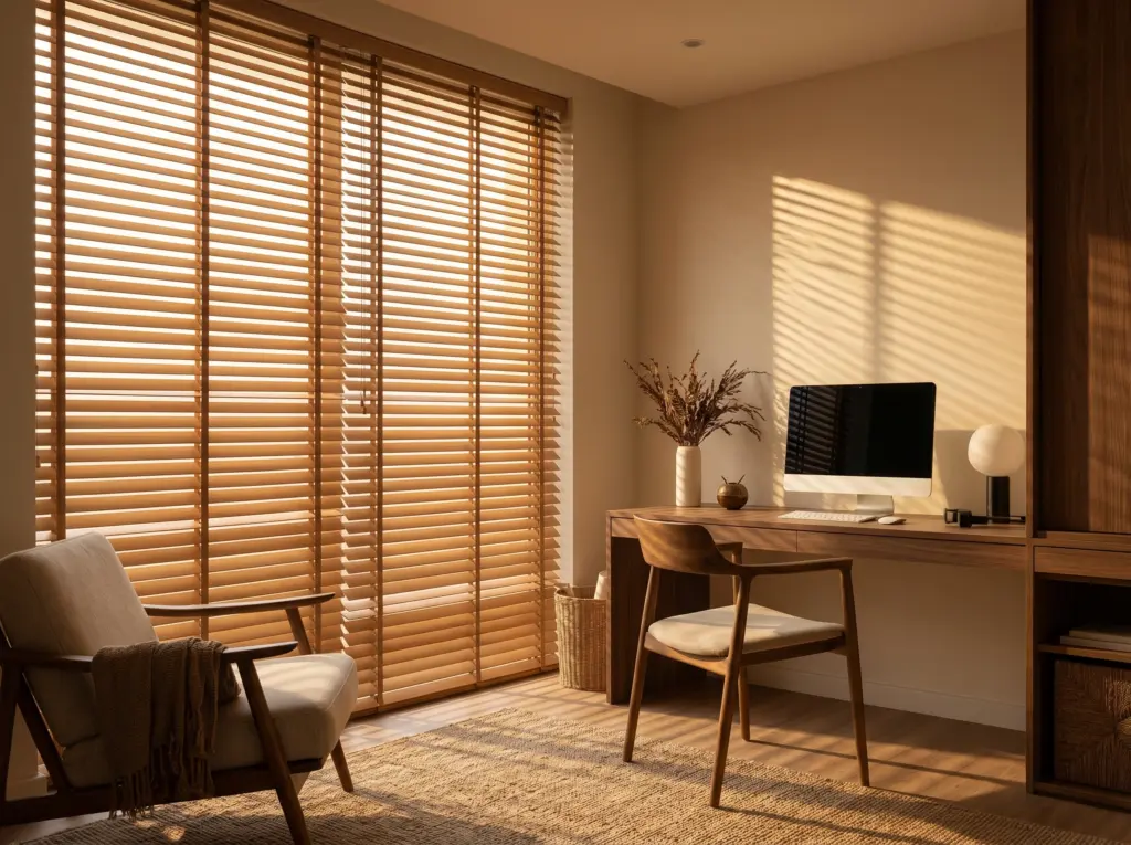 Natural wooden venetian blinds filtering sunlight in a cozy room