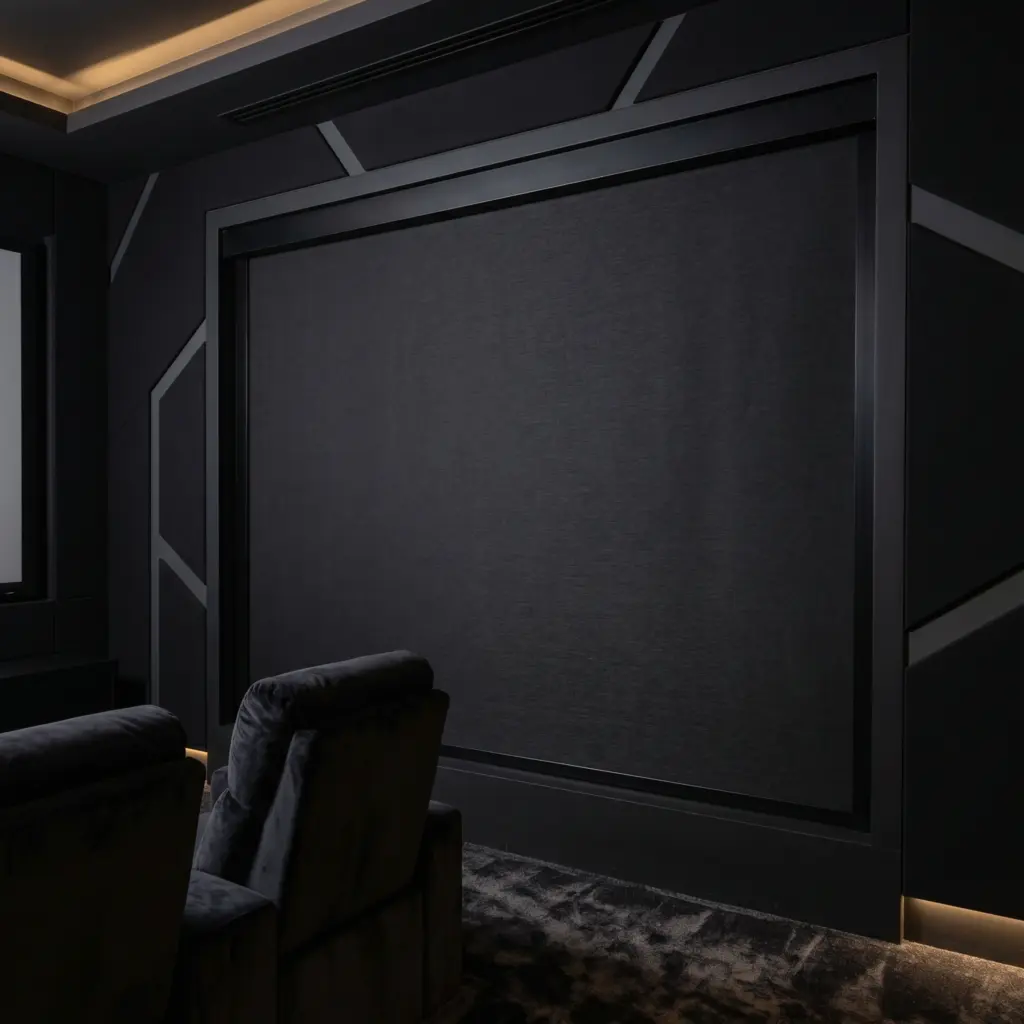 High end home theater room with absolute zero light penetration blackout shades