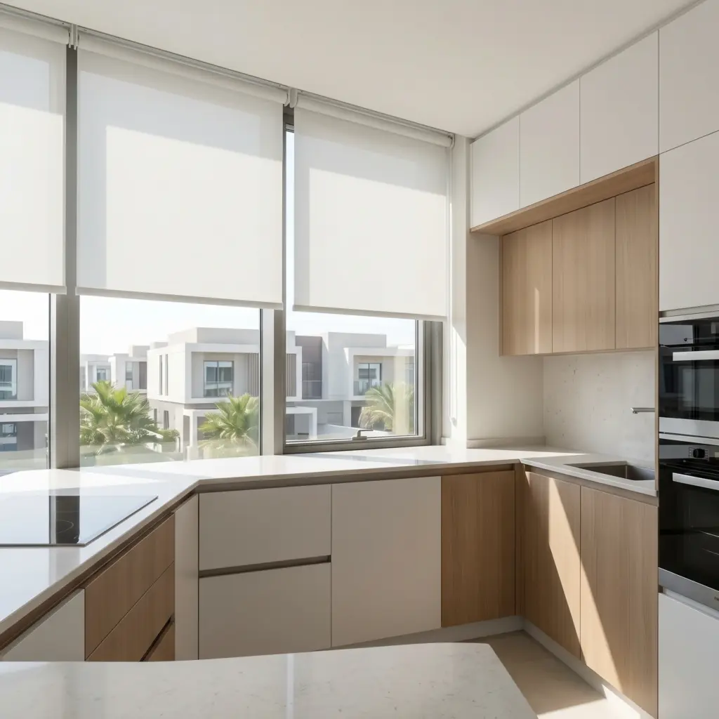 Sunlit contemporary kitchen featuring clean white versatile roller shades