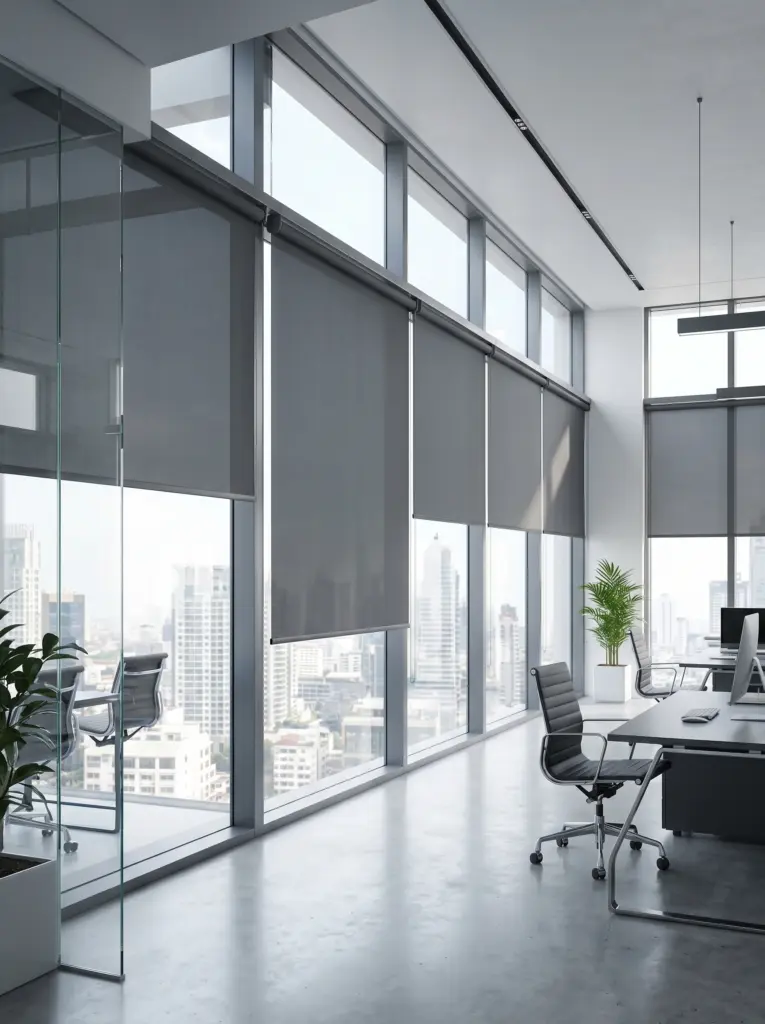 Sleek corporate office interior featuring custom window covering solutions