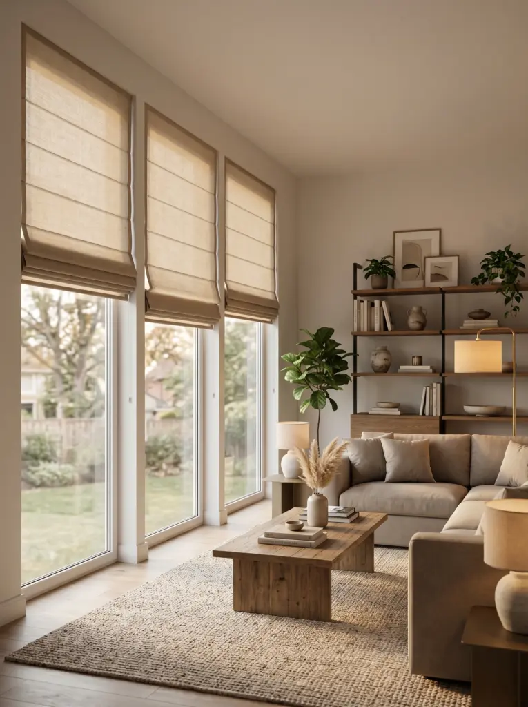 Cozy modern living room interior showcasing tailored window covering solutions