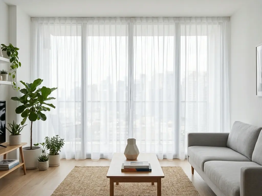 Privacy sheer curtains Dubai providing light diffusion for modern living areas.
