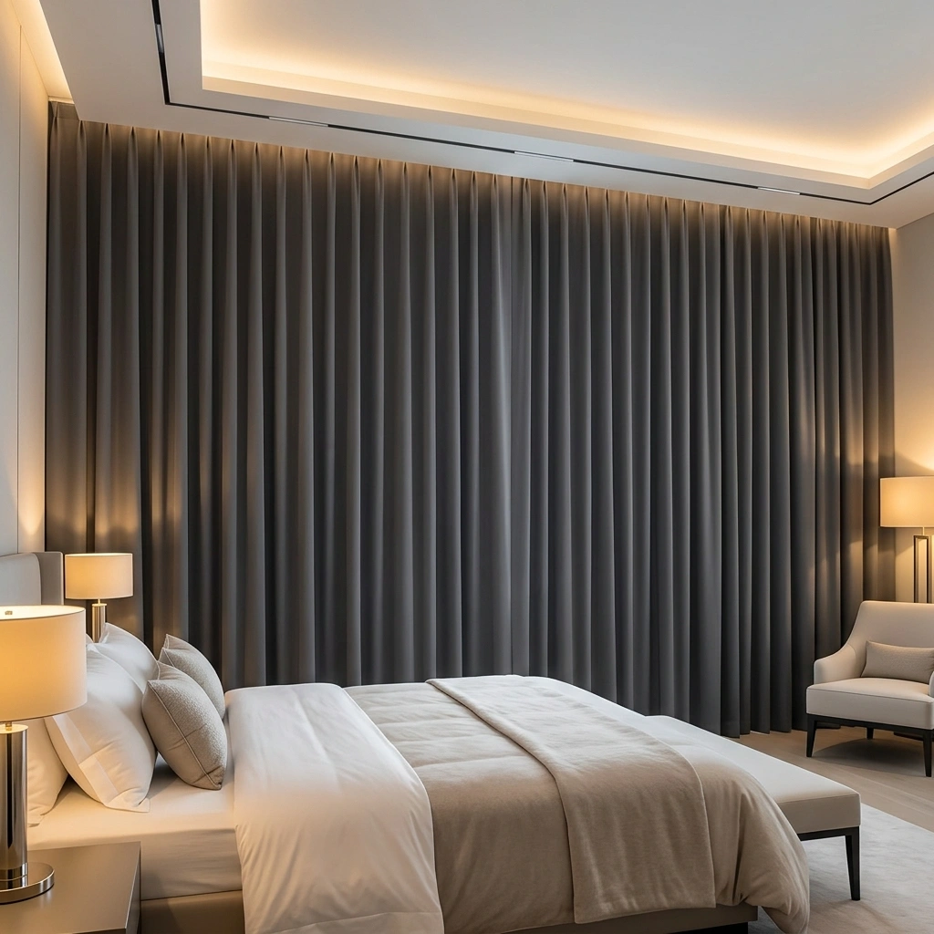 Tranquil master bedroom highlighting ultra quiet motorized curtains dubai