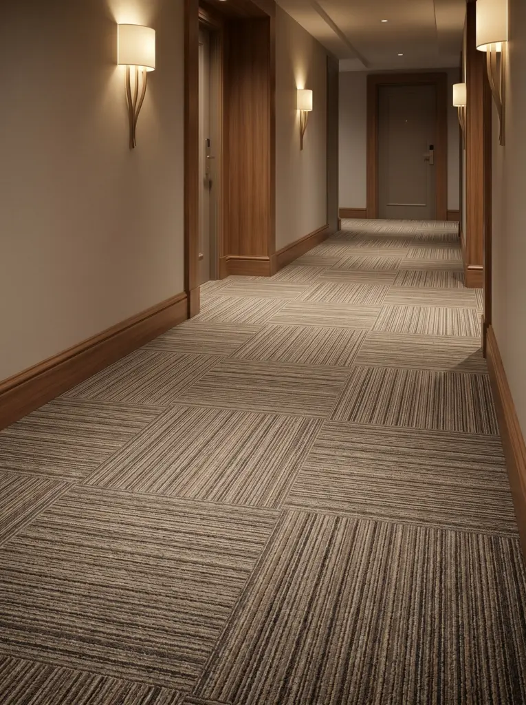 Premium modular carpets engineered for heavy traffic and excellent acoustic comfort.