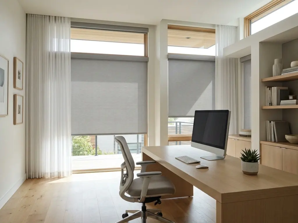 Smart motorized blinds and curtains in a modern home office setting
