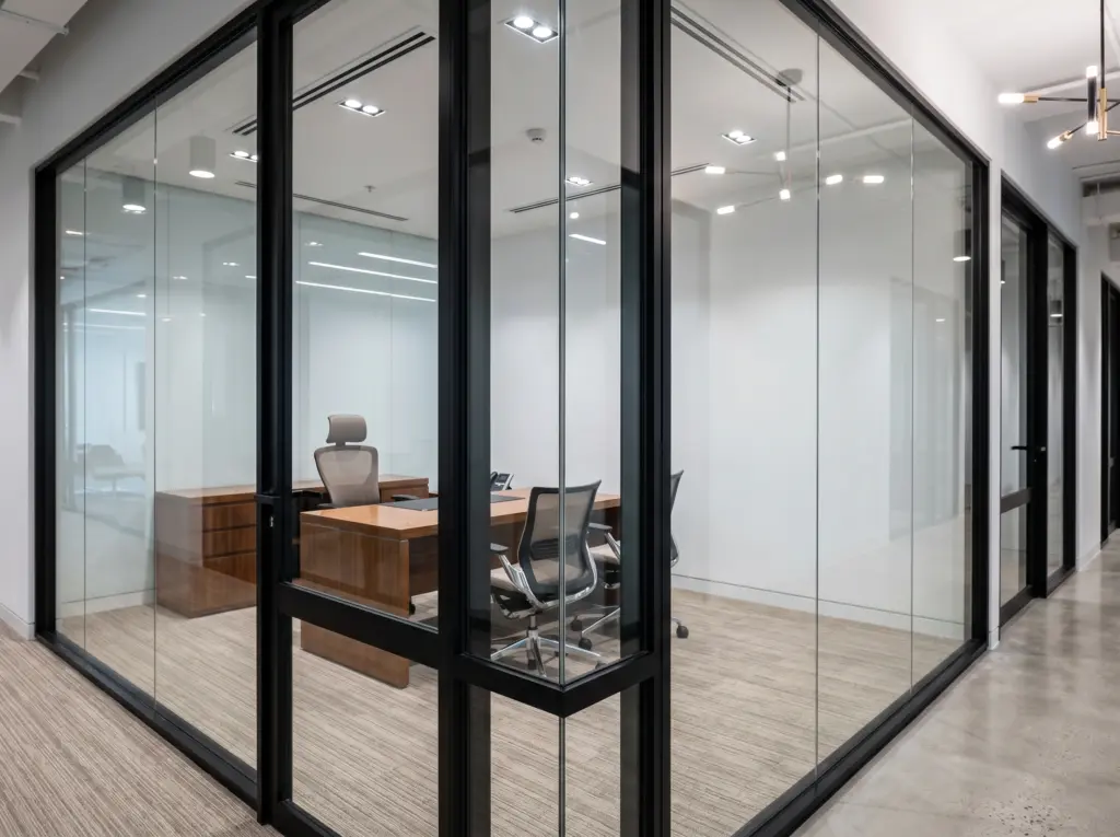 Soundproof glass dividers installed by professional office renovation Dubai specialists.