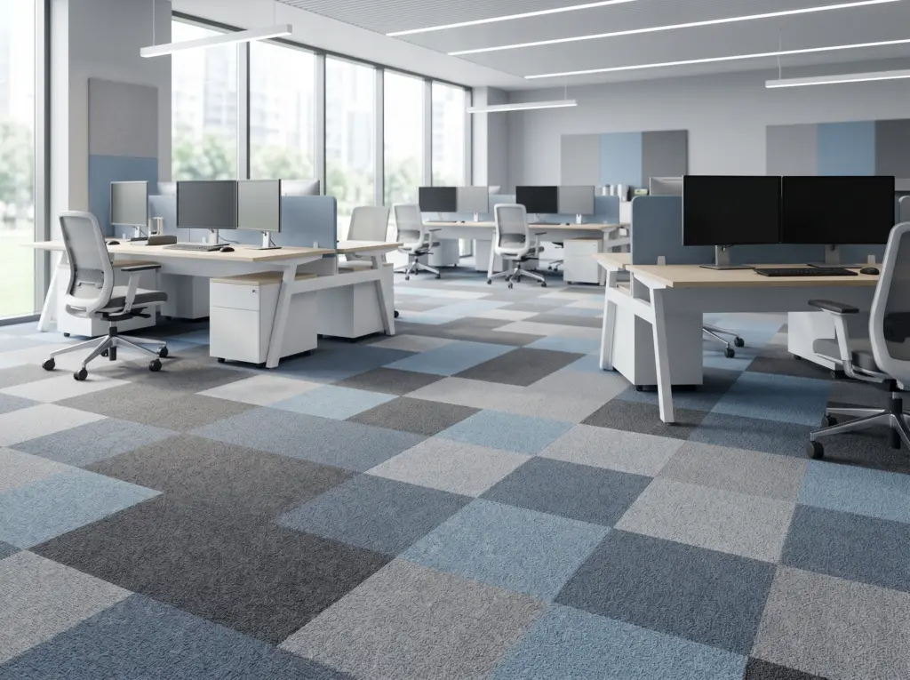 Sound-absorbing acoustic office carpets installed in a quiet open-plan workspace
