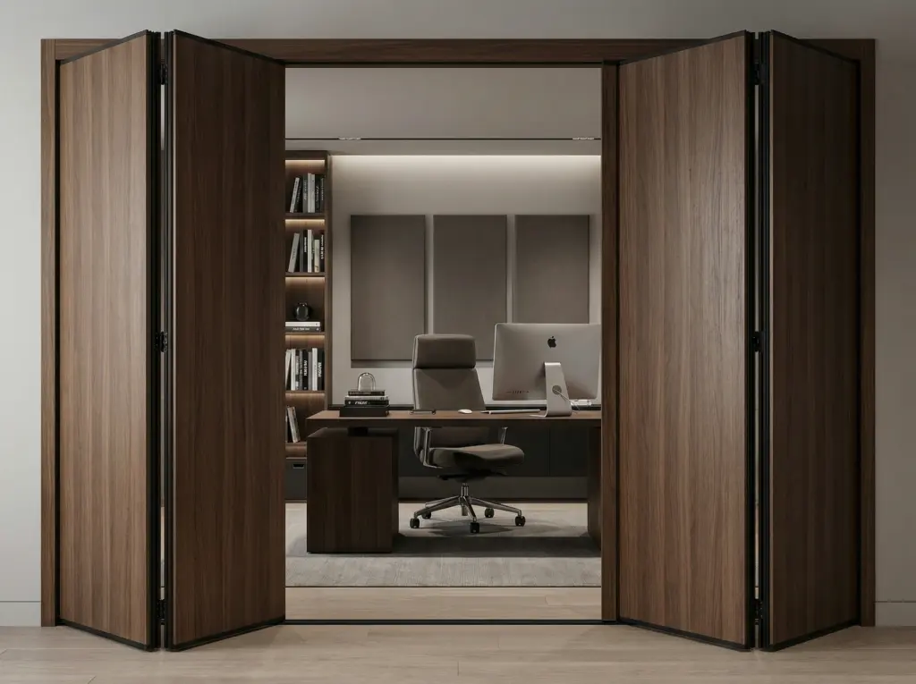 Dense, soundproof wooden folding doors securing a private home office.