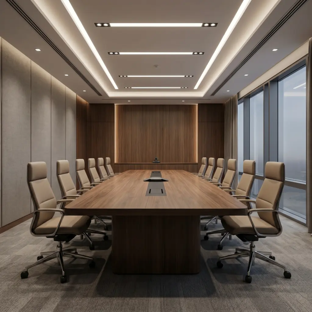 Specialized conference zone built for executive negotiations by office renovation Dubai contractors.