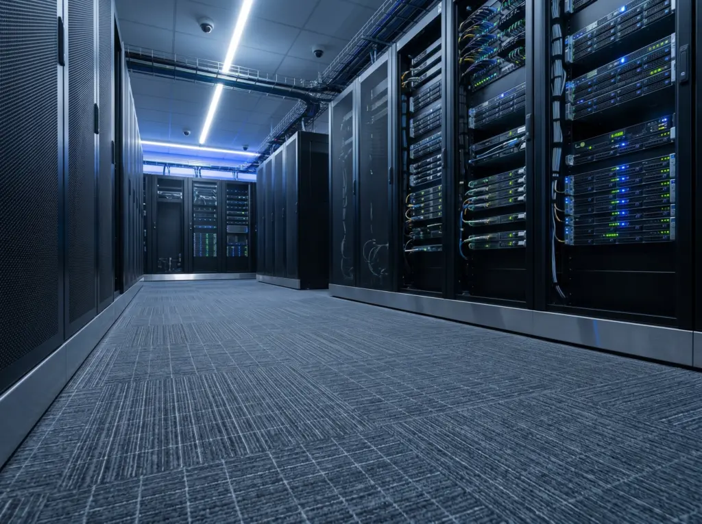 High-tech anti-static carpeting installed in a secure server room to protect valuable electronics
