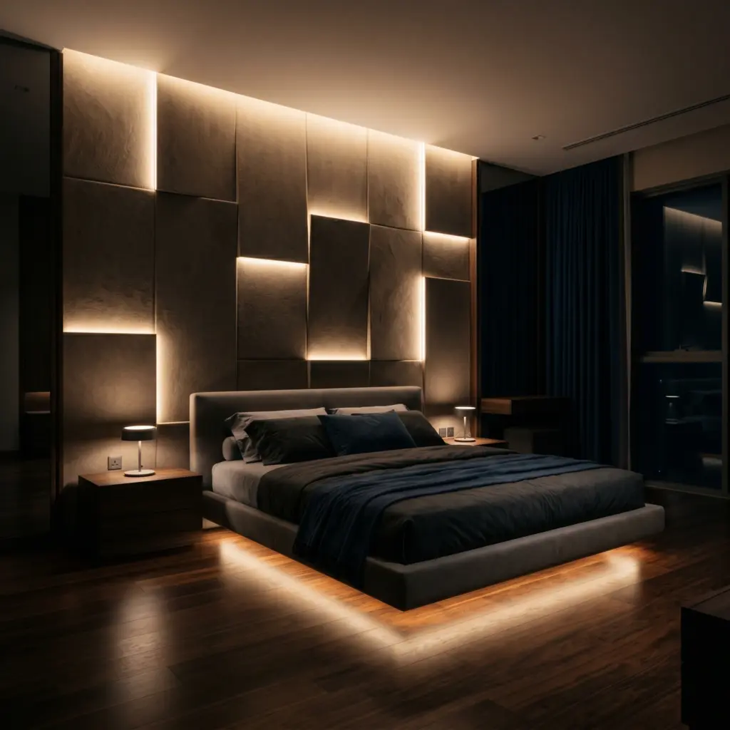 Custom wall features with integrated LED lights for bedroom renovation Dubai
