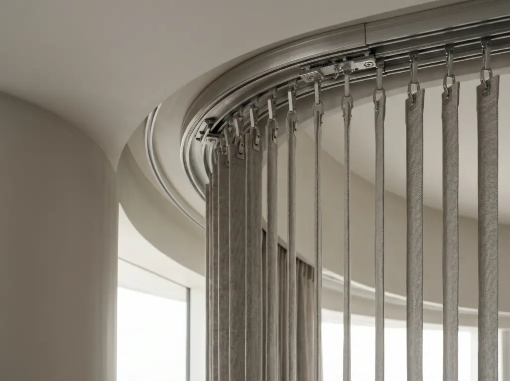 Advanced manufacturing techniques ensuring smooth louvre travel on a curved vertical blind track.