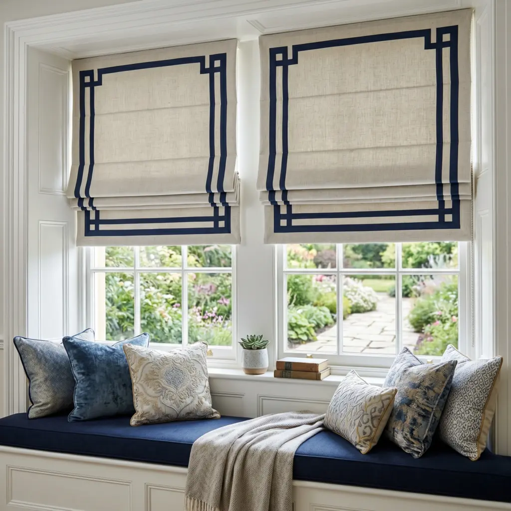 Expertly tailored Roman blinds with decorative borders framing a beautiful view.