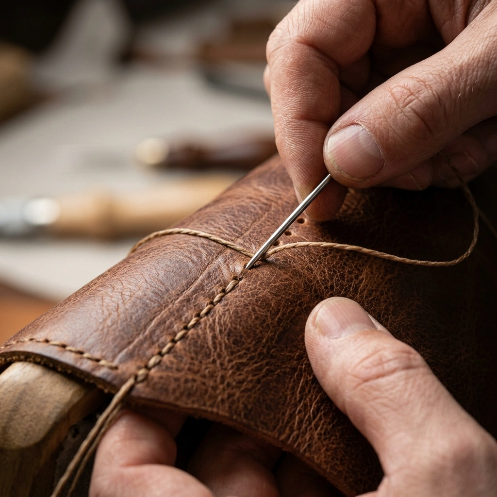 Close up of an artisan's hands carefully stitching leather upholstery.