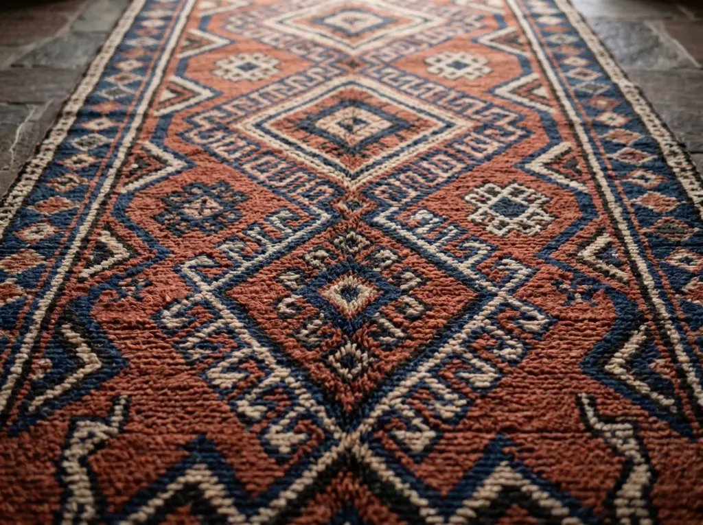 Vivid symbols and striking geometric layouts of artisanal tribal handmade rugs Dubai.