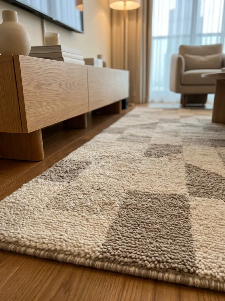 Cozy luxury apartment living room showcasing authentic handmade rugs Dubai.