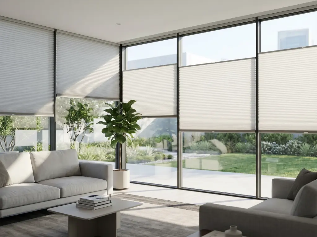 Wire free battery powered blind motors in a modern living area