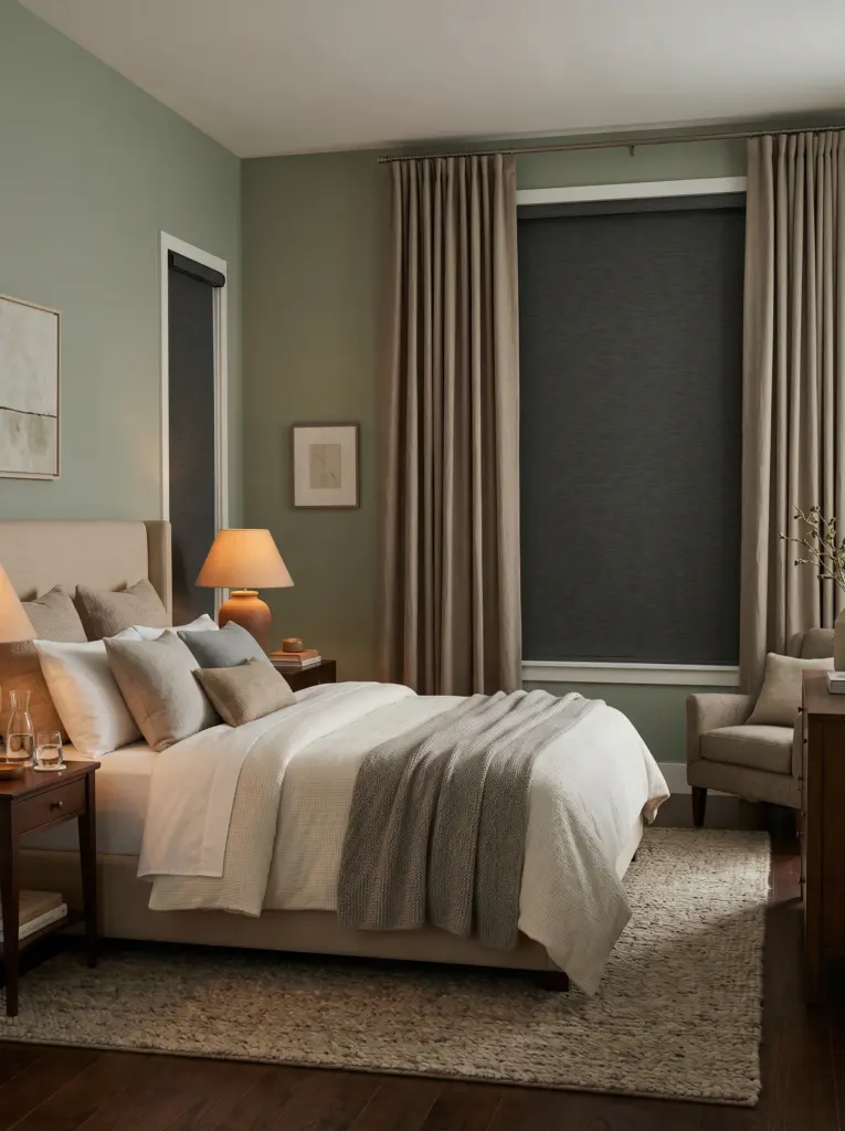 Elegant bedroom interior featuring custom fitted blackout window treatments for complete darkness.