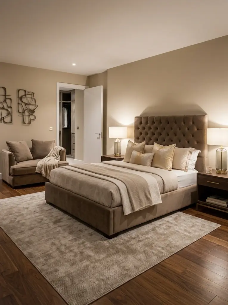 Upholstered bed frame and matching seating in a luxury bedroom.