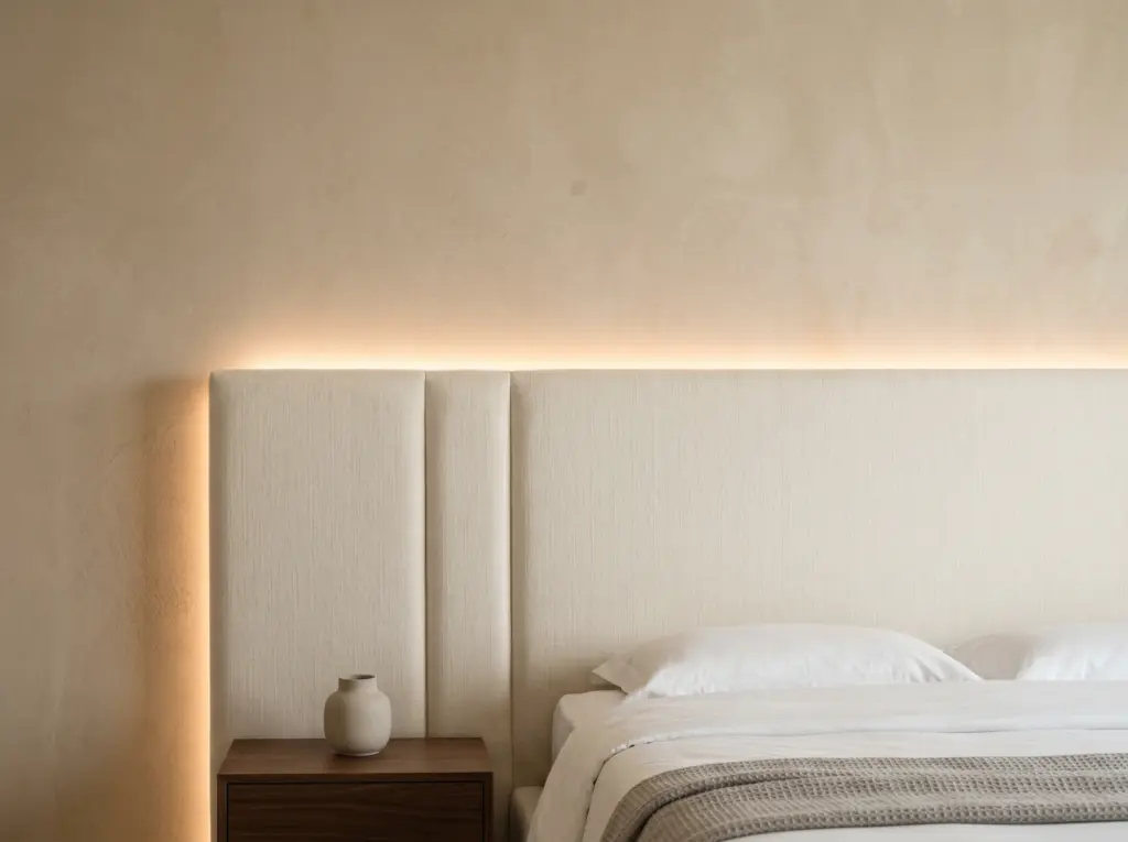 Custom headboard with integrated hidden lighting for bedroom renovation Dubai