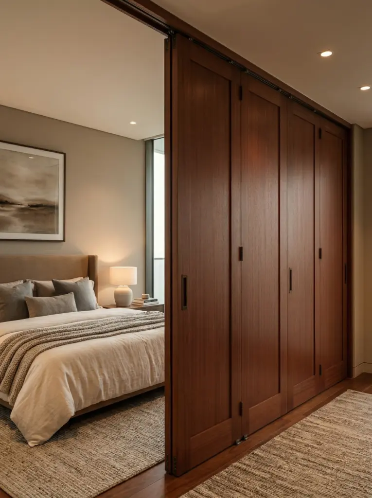 High-quality wooden folding doors installed in a luxury bedroom setting.