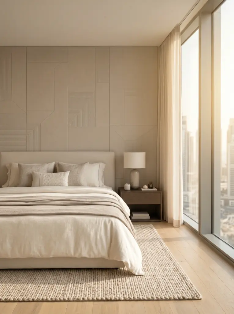 Custom wood panel feature wall for a modern bedroom renovation Dubai