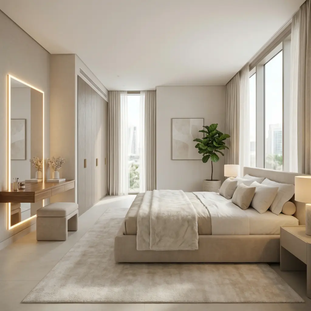 A tranquil sleeping quarters featuring custom beds, vanity units, and personalized wardrobes.