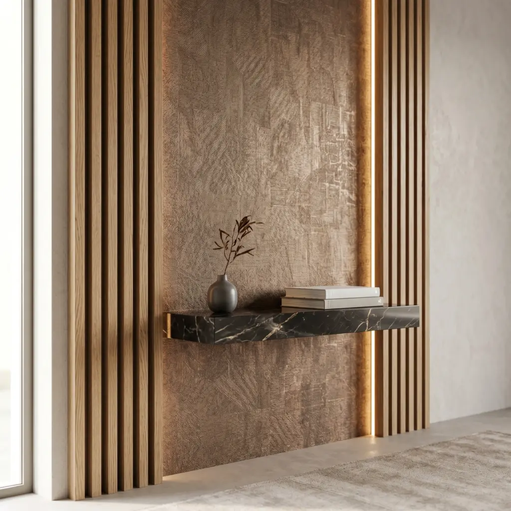 Sophisticated wood slat and wallpaper treatment in a bedroom renovation Dubai