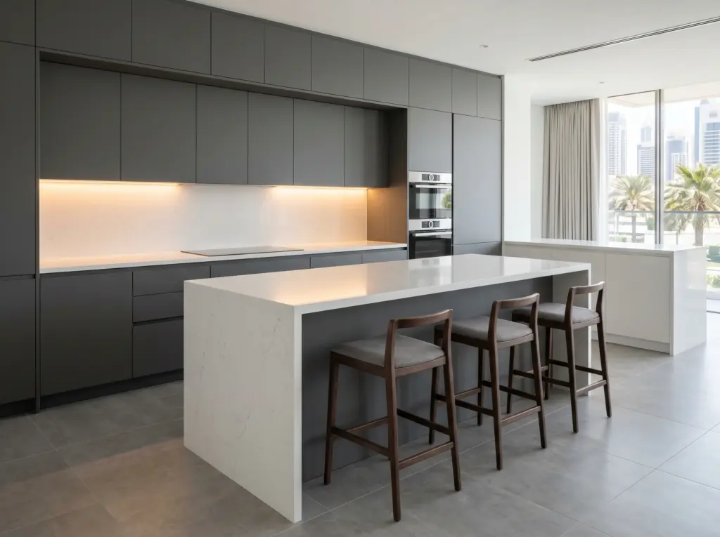 A customized modern culinary space built by an expert property renovation Dubai team.