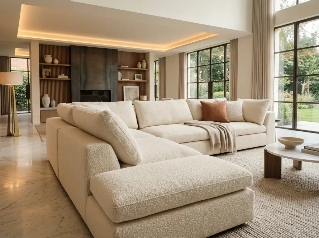 Modern modular sectional sofa with premium cream bouclé fabric customized for a luxury living room