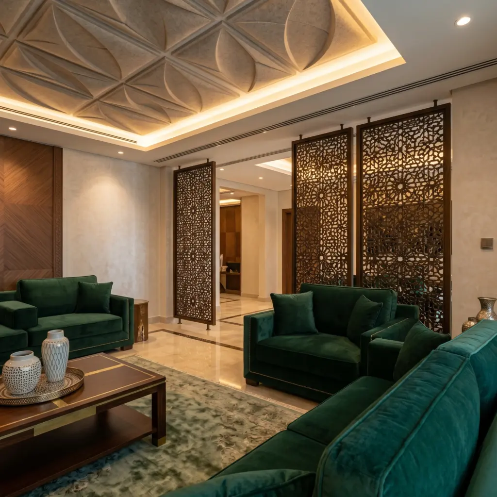 A beautifully tailored reception room showcasing acoustic comfort and villa renovation Dubai quality.