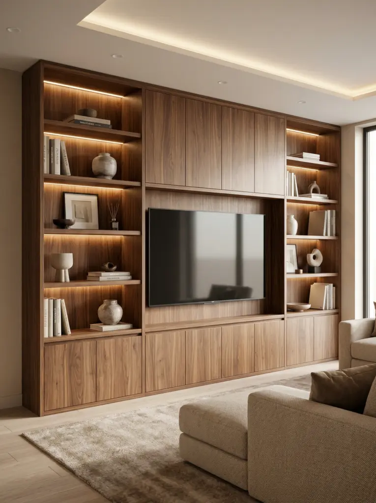 Custom designed living room media wall and tailored residential furniture fitout.