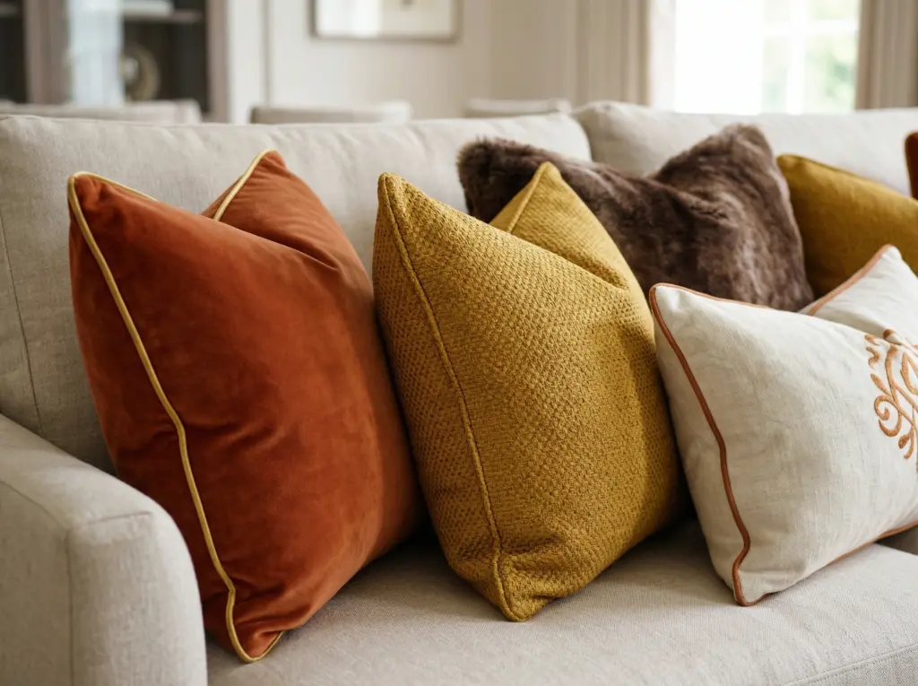 Tailored throw pillows adding comfort to a luxury couch.