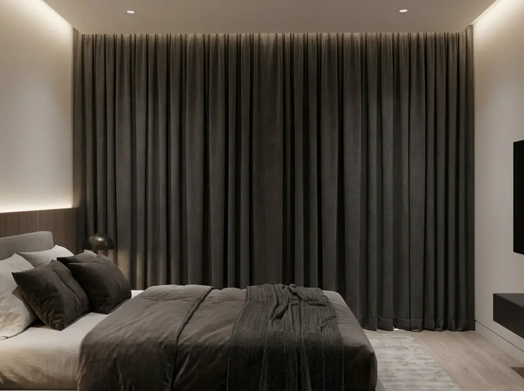 Dark premium blackout curtains Dubai in a modern bedroom
