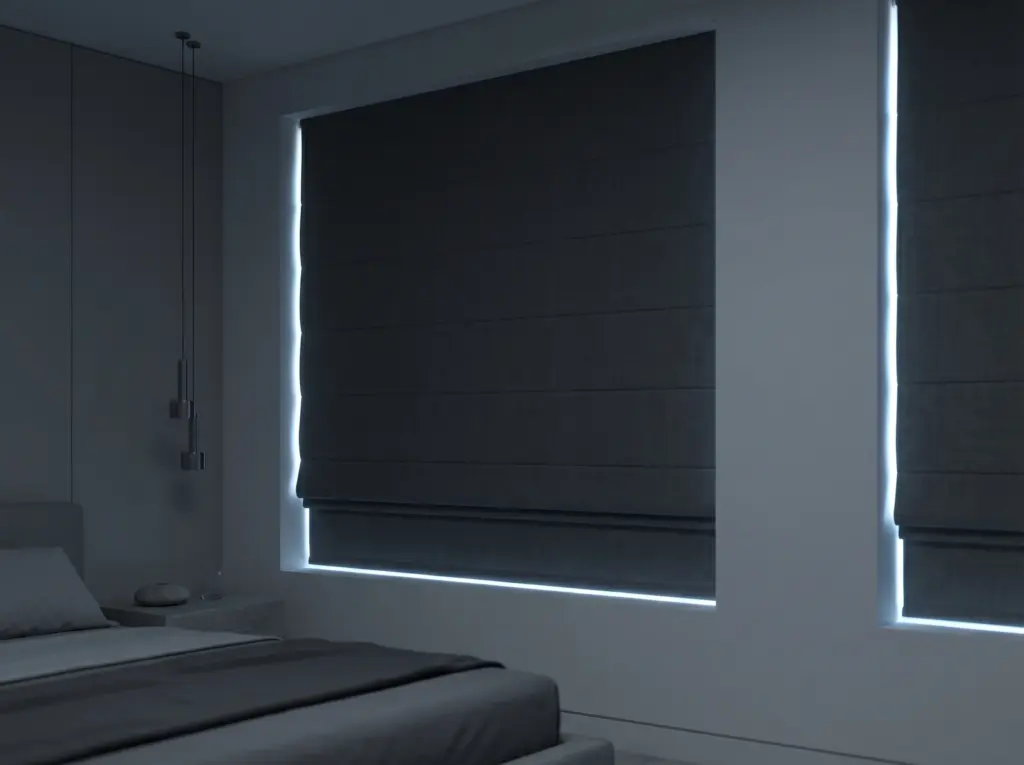 Heavy-duty blackout lined Roman blinds completely blocking sunlight in a modern bedroom.