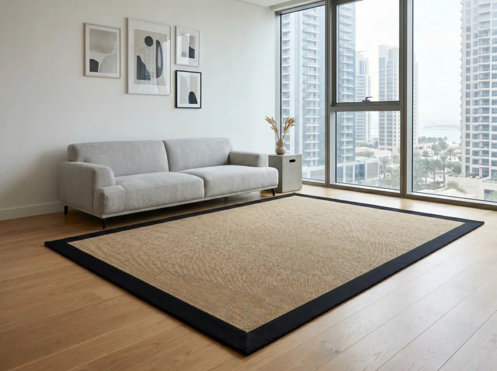 Tailored fabric edge and premium cotton binding of bordered sisal rugs Dubai.